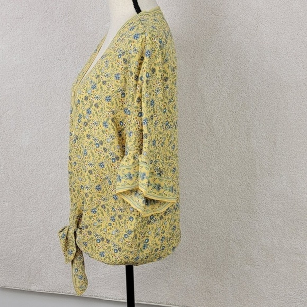 Max Studio NEW Women's L Yellow Floral Boho Romantic Tie-Front Ruffle Blouse - Picture 13 of 14
